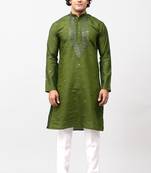 men's mehandi green kurta set with embroidery motif