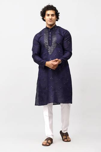 men's navy blue kurta set with embroidery motif
