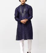 men's navy blue kurta set with embroidery motif