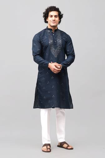 men's blue kurta set with embroidery motif