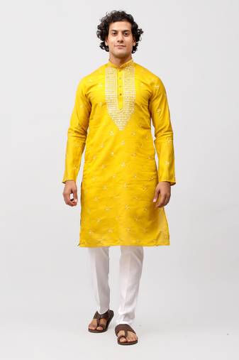 men's mustard kurta set with embroidery motif
