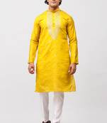 men's mustard kurta set with embroidery motif