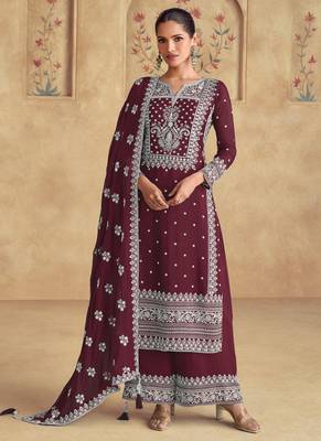 Maroon georgette embroidered Palazzo suit 1