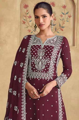 Maroon georgette embroidered Palazzo suit