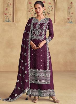 Wine georgette embroidered Palazzo suit 1