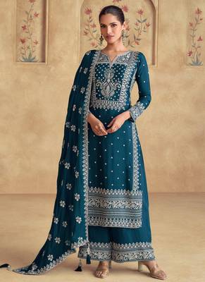 Aqua blue georgette embroidered Palazzo suit 1