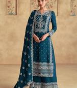Aqua blue georgette embroidered Palazzo suit
