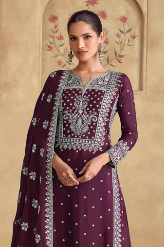 Wine georgette embroidered Palazzo suit