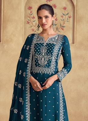 Aqua blue georgette embroidered Palazzo suit 2