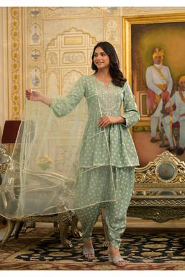 Pista Green Bandhani Printed & Embroidered Rayon Pleated Punjabi Salwar Suit 1