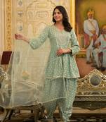 Pista Green Bandhani Printed & Embroidered Rayon Pleated Punjabi Salwar Suit