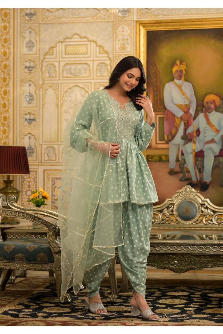 Pista Green Bandhani Printed & Embroidered Rayon Pleated Punjabi Salwar Suit