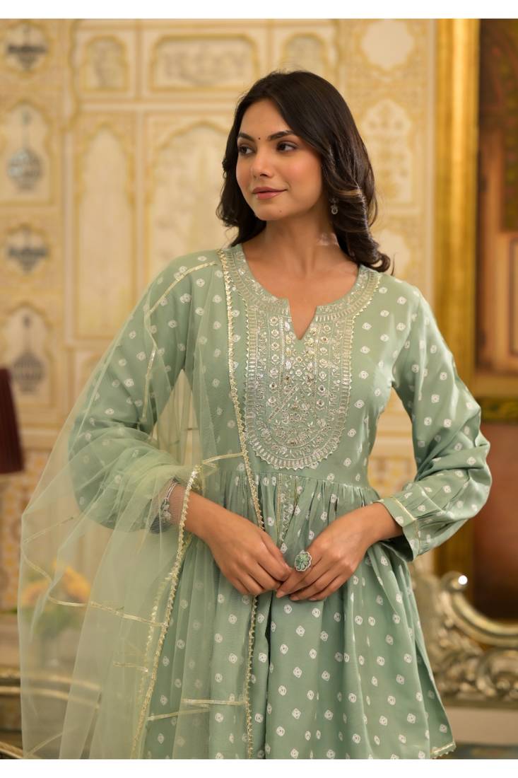 Pista Green Bandhani Printed & Embroidered Rayon Pleated Punjabi Salwar Suit