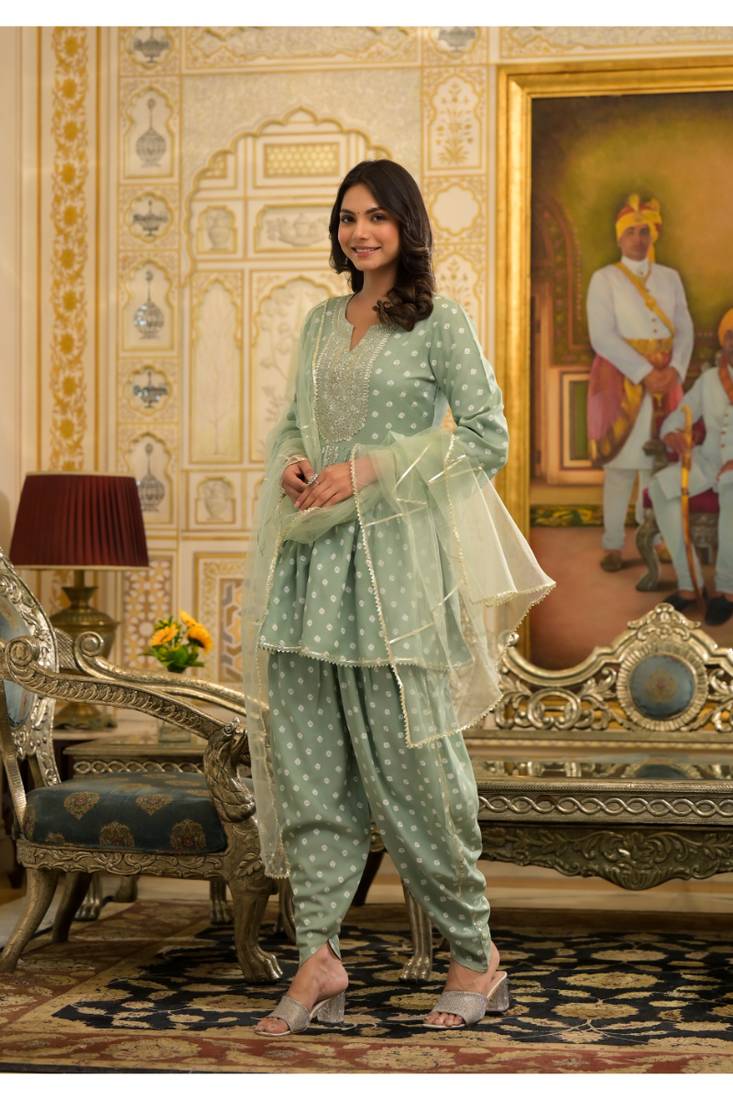 Pista Green Bandhani Printed & Embroidered Rayon Pleated Punjabi Salwar Suit