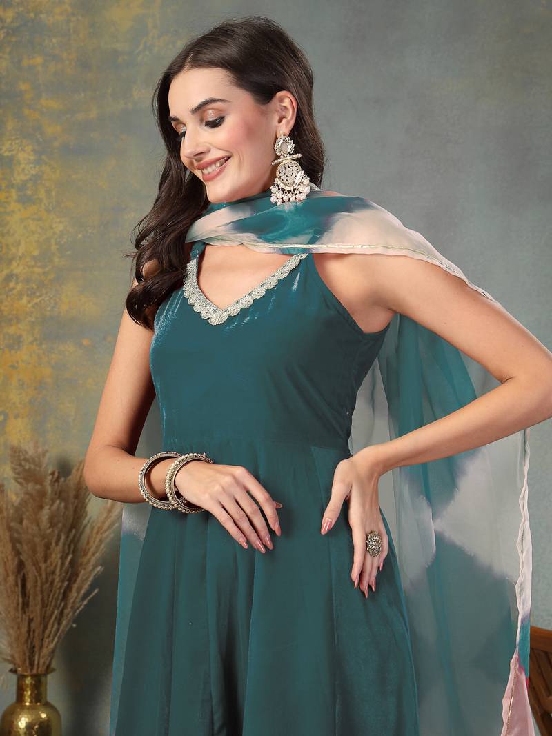 Dark green solid & embroidered velvet anarkali kurta pant dupatta set