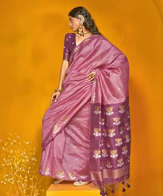 Onion pink handloom silk blend weaving zari designer saree 1