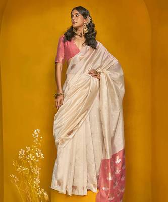 Cream handloom silk blend weaving zari work saree 1
