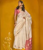 Cream handloom silk blend weaving zari designer saree