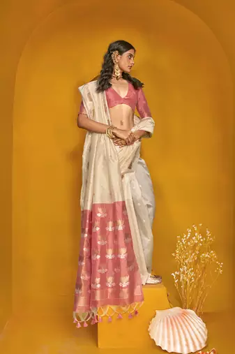 Cream handloom silk blend weaving zari work saree