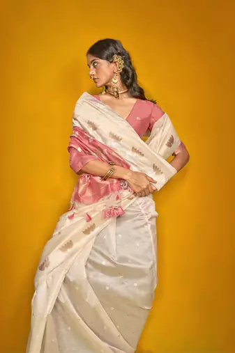 Cream handloom silk blend weaving zari work saree