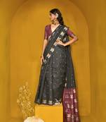 Black handloom silk blend weaving zari designer saree