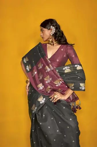 Black handloom silk blend weaving zari work saree