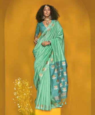 Sea green handloom silk blend weaving zari designer saree 1