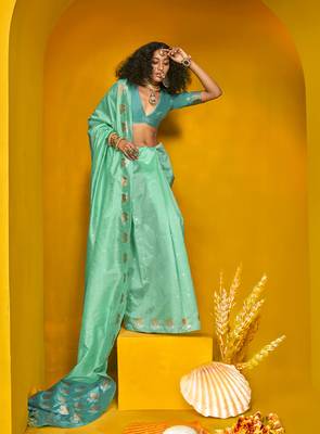 Sea green handloom silk blend weaving zari designer saree 2