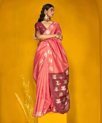 Peach handloom silk blend weaving zari work saree 1