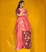 Peach handloom silk blend weaving zari designer saree