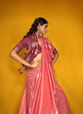 Peach handloom silk blend weaving zari work saree 2