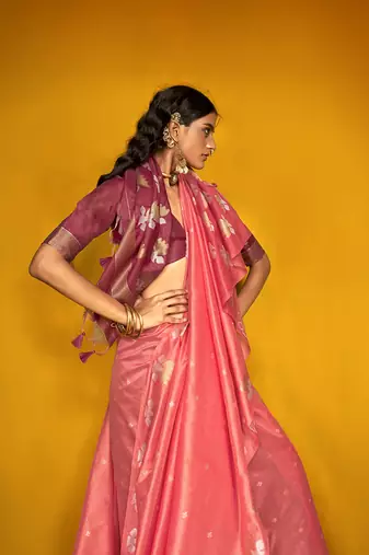 Peach handloom silk blend weaving zari work saree