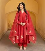 Red chanderi three kali embroidered suit set
