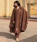 Brown chanderi three kali embroidered three kali kurta pant set