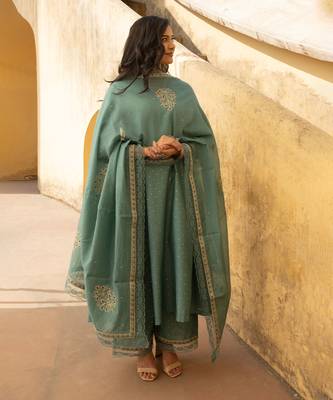 Mint green mukaish work chanderi three kali kurta set with heavy doriya dupatta 1
