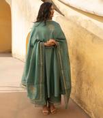 Mint green mukaish work chanderi three kali kurta set with heavy doriya dupatta