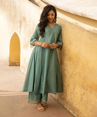 Mint green mukaish work chanderi three kali kurta set with heavy doriya dupatta 2