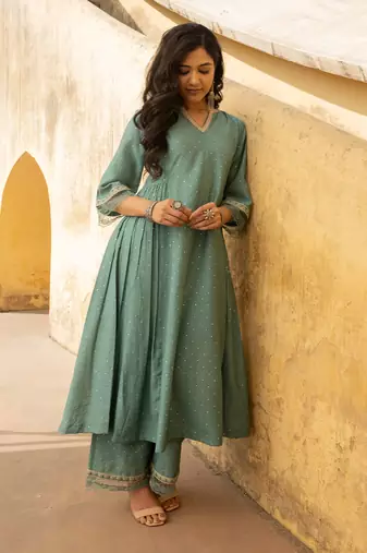 Mint green mukaish work chanderi three kali kurta set with heavy doriya dupatta