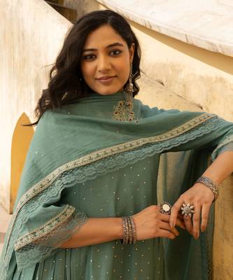 Mint green mukaish work chanderi three kali kurta set with heavy doriya dupatta 3