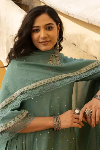 Mint green mukaish work chanderi three kali kurta set with heavy doriya dupatta