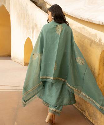 Mint green mukaish work chanderi three kali kurta set with heavy doriya dupatta 4
