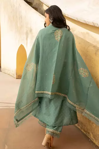 Mint green mukaish work chanderi three kali kurta set with heavy doriya dupatta