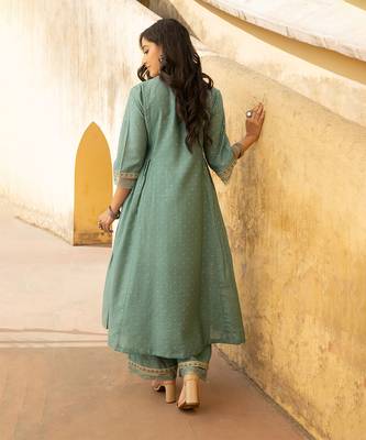 Mint green mukaish work chanderi three kali kurta set with heavy doriya dupatta 5