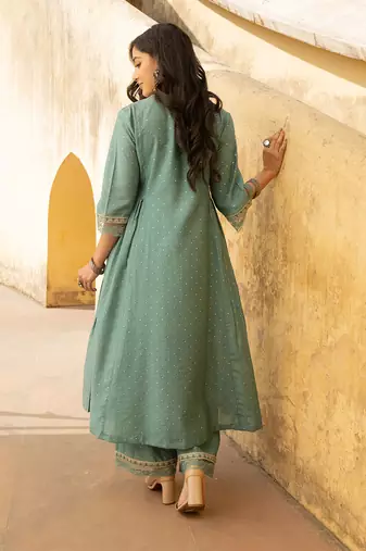Mint green mukaish work chanderi three kali kurta set with heavy doriya dupatta
