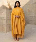 Mustard yellow mukaish work chanderi three kali kurta set with heavy doriya dupatta