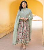 The green red handblock anarkali set with doriya dupatta