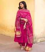 Pink chanderi embroidered three kali bandhani dupatta suit set