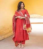 Red chanderi embroidered three kali bandhani dupatta suit set