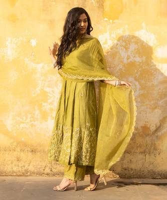 Mehndi green zari jaal embroiered anarkali suit set 2