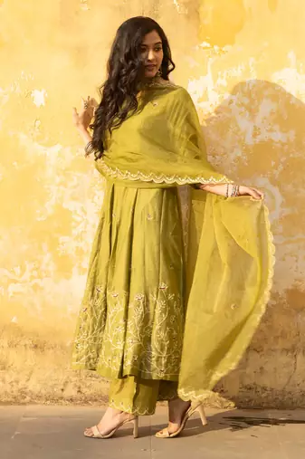 Mehndi green zari jaal embroiered anarkali suit set